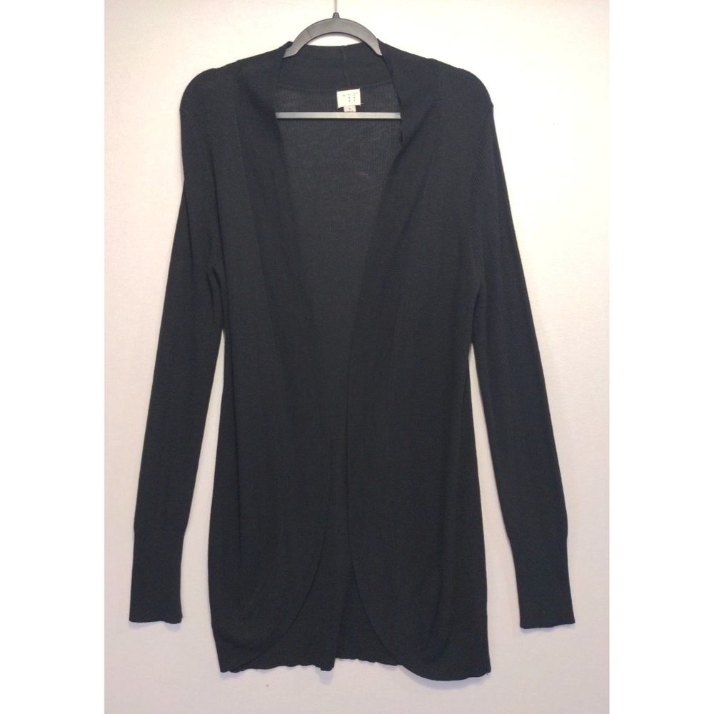 a new day Women's Long Open Front Cardigan Sweater Tunic Sheer Black Large
